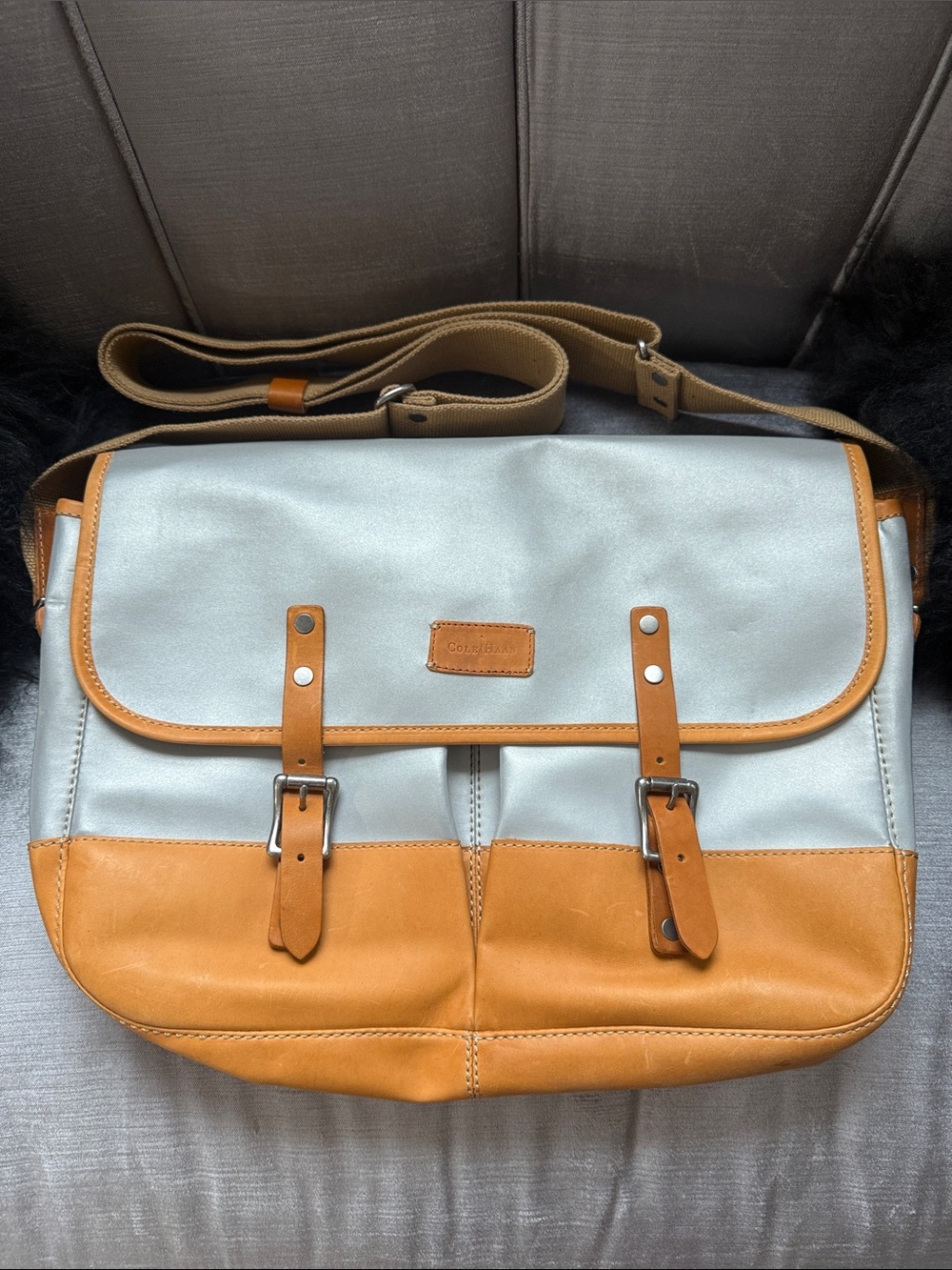 Cole Haan silver/gray reflective messenger Bag with Tan Leather Trim